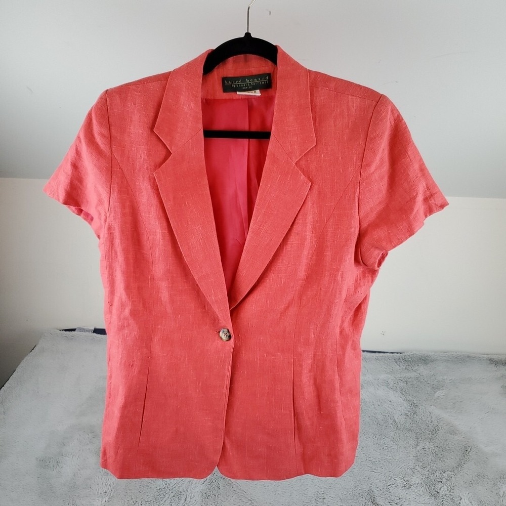 Harve Benard Linen Blazer Women 12P Short Sleeve Single Button Coral Pink Jacket